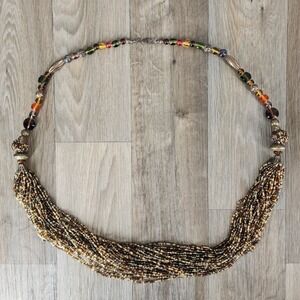 Boho Multi Strand Beaded Necklace Statement Tassel Multi Color Glass Beads